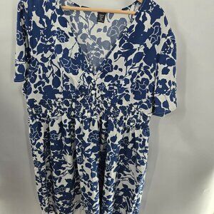 Shein White Blue Floral V-Neck Ruched Waist Midi Dress 2XL